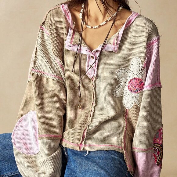 Multicolor Casual Women's Knit Color Block Loose Fit Sweatshirt - Picture 1 of 7